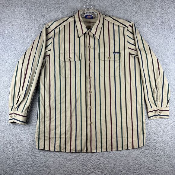 Dickies Shirt Long Sleeve Button Men’s Size XL Tan Striped Vintage USA (Stains) - Picture 1 of 11